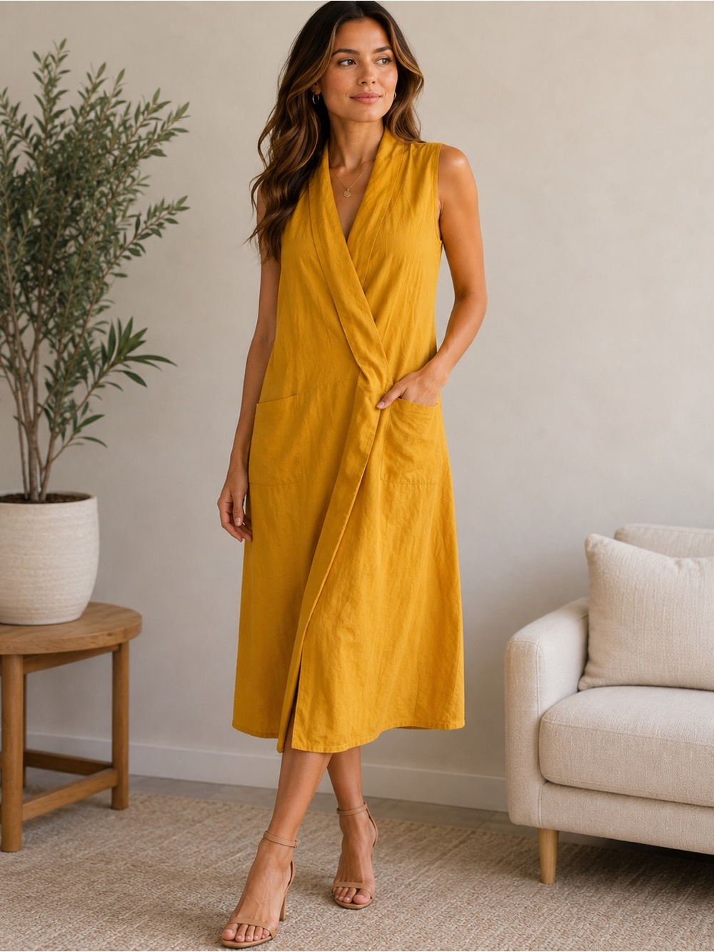 Zara Women’s Size Medium Mustard Yellow Sleeveless Wrap Midi Dress Pockets